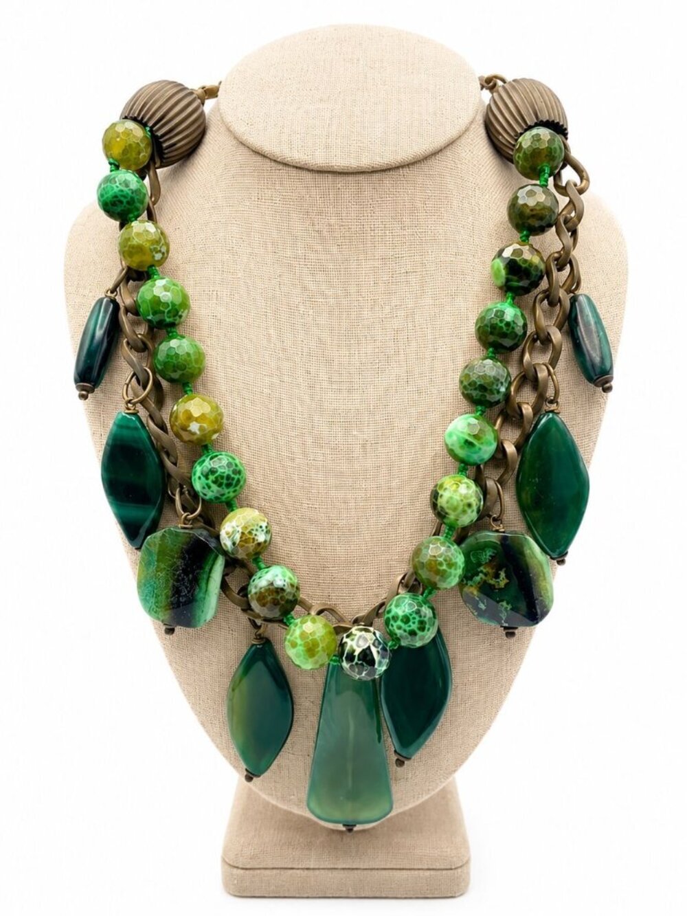 Jan Michaels San Francisco Green Agate Statement Necklace Artisan Brass